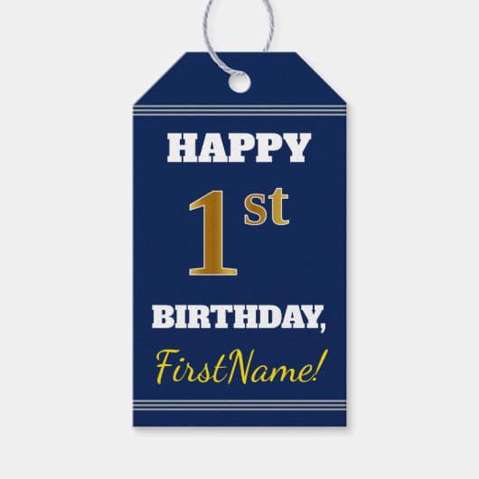 Blauw, Faux Gold 1st Birthday + Aangepaste naam Cadeaulabel (Voorkant)