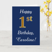 Blauw, Faux Gold 1st Birthday + Aangepaste naam Kaart (Gele Bloem)