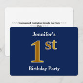 Blauw, Faux Gold 1st Birthday Party + aangepaste n Kaart (Voorkant / Achterkant)