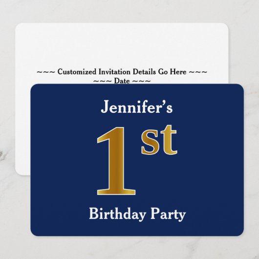 Blauw, Faux Gold 1st Birthday Party + aangepaste n Kaart (Voorkant / Achterkant)
