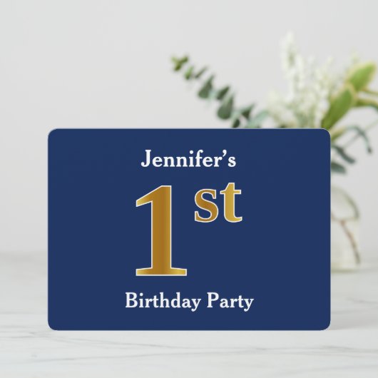 Blauw, Faux Gold 1st Birthday Party + aangepaste n Kaart (Staand voorkant)