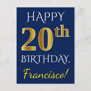 Blauw, Faux Gold 20th Birthday + Aangepaste naam Briefkaart