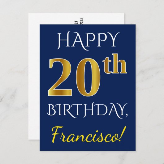 Blauw, Faux Gold 20th Birthday + Aangepaste naam Briefkaart (Voorkant / Achterkant)