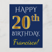 Blauw, Faux Gold 20th Birthday + Aangepaste naam Briefkaart (Voorkant)