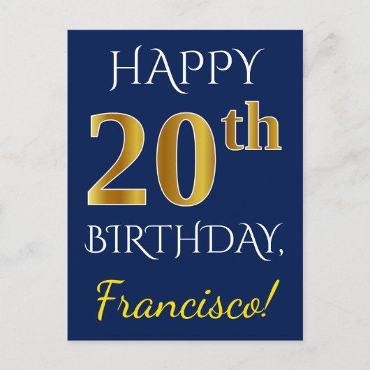 Blauw, Faux Gold 20th Birthday + Aangepaste naam Briefkaart (Voorkant)
