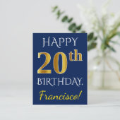 Blauw, Faux Gold 20th Birthday + Aangepaste naam Briefkaart (Staand voorkant)