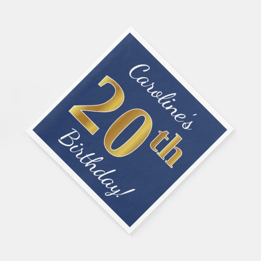 Blauw, Faux Gold 20th Birthday + Aangepaste naam Servetten (Hoek)
