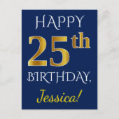 Blauw, Faux Gold 25th Birthday + Eigen naam Briefkaart