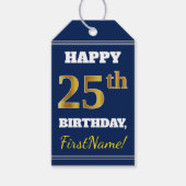 Blauw, Faux Gold 25th Birthday + Eigen naam Cadeaulabel (Voorkant)