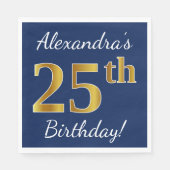 Blauw, Faux Gold 25th Birthday + Eigen naam Servetten (Voorkant)