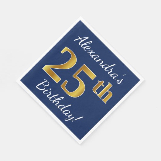Blauw, Faux Gold 25th Birthday + Eigen naam Servetten (Hoek)