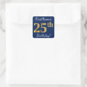 Blauw, Faux Gold 25th Birthday + Eigen naam Vierkante Sticker (Tas)