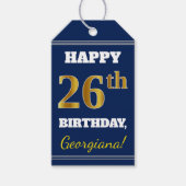 Blauw, Faux Gold 26th Birthday + Aangepaste naam Cadeaulabel (Voorkant)