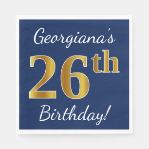 Blauw, Faux Gold 26th Birthday + Aangepaste naam Servet