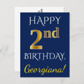 Blauw, Faux Gold 2e verjaardag + Eigen naam Briefkaart (Voorkant / Achterkant)