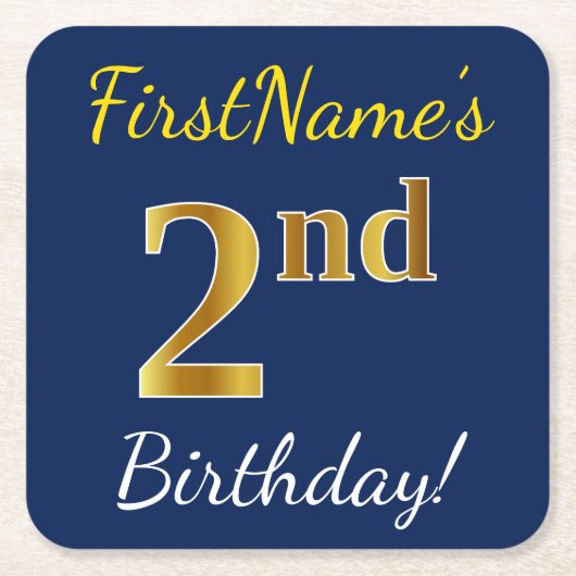 Blauw, Faux Gold 2e verjaardag + Eigen naam Kartonnen Onderzetters (Voorkant)