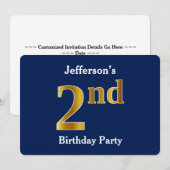 Blauw, Faux Gold 2e verjaardag Partij + Eigen naam Kaart (Voorkant / Achterkant)