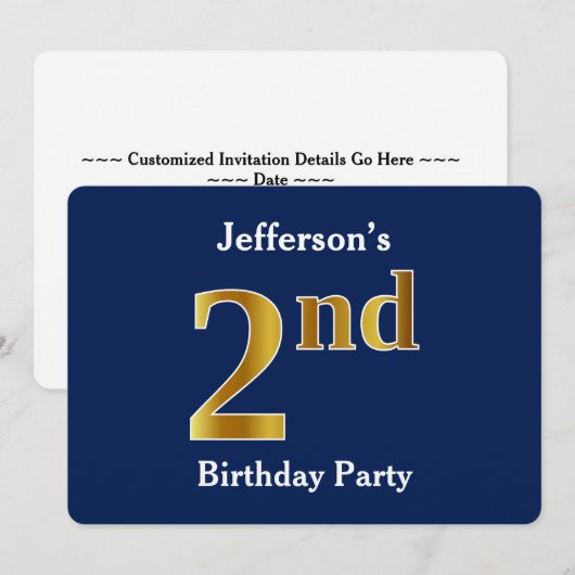 Blauw, Faux Gold 2e verjaardag Partij + Eigen naam Kaart (Voorkant / Achterkant)