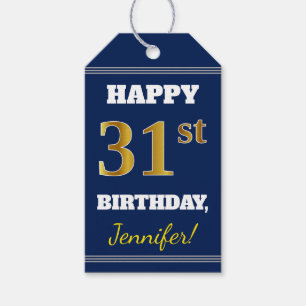 Blauw, Faux Gold 31st Birthday + Aangepaste naam Cadeaulabel