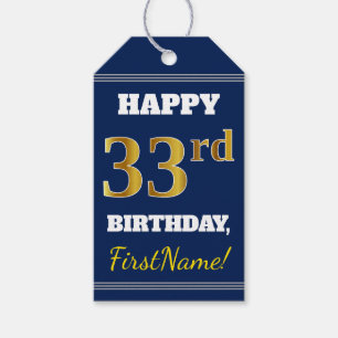 Blauw, Faux Gold 33rd Birthday + Aangepaste naam Cadeaulabel