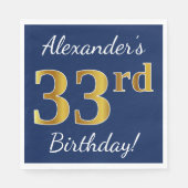 Blauw, Faux Gold 33rd Birthday + Aangepaste naam Servet (Voorkant)