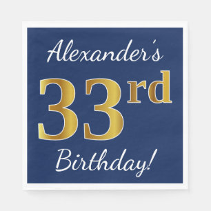 Blauw, Faux Gold 33rd Birthday + Aangepaste naam Servet