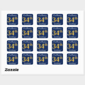 Blauw, Faux Gold 34th Birthday + Eigen naam Vierkante Sticker (Vel)