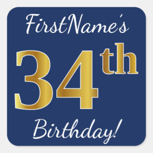 Blauw, Faux Gold 34th Birthday + Eigen naam Vierkante Sticker
