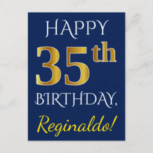 Blauw, Faux Gold 35th Birthday + Eigen naam Briefkaart