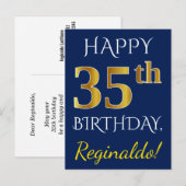 Blauw, Faux Gold 35th Birthday + Eigen naam Briefkaart (Voorkant / Achterkant)