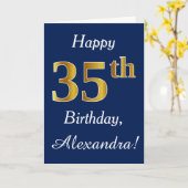 Blauw, Faux Gold 35th Birthday + Eigen naam Kaart (Gele Bloem)