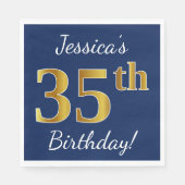 Blauw, Faux Gold 35th Birthday + Eigen naam Servetten (Voorkant)