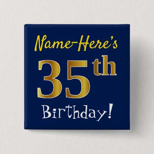 Blauw, Faux Gold 35th Birthday, met aangepaste naa Vierkante Button 5,1 Cm (Voorkant)