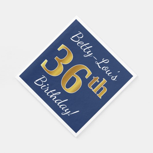 Blauw, Faux Gold 36th Birthday + Eigen naam Servet (Hoek)