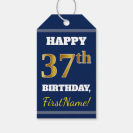 Blauw, Faux Gold 37th Birthday + Eigen naam Cadeaulabel