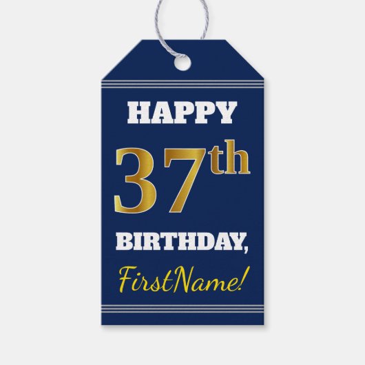 Blauw, Faux Gold 37th Birthday + Eigen naam Cadeaulabel (Voorkant)