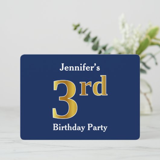 Blauw, Faux Gold 3rd Birthday Party + aangepaste n Kaart (Staand voorkant)