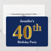 Blauw, Faux Gold 40ste verjaardagsfeestje + aangep Kaart (Voorkant / Achterkant)