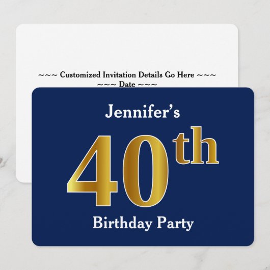 Blauw, Faux Gold 40ste verjaardagsfeestje + aangep Kaart (Voorkant / Achterkant)