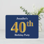 Blauw, Faux Gold 40ste verjaardagsfeestje + aangep Kaart (Staand voorkant)