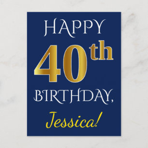 Blauw, Faux Gold 40th Birthday + Aangepaste naam Briefkaart