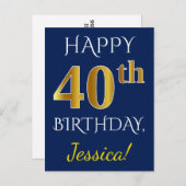 Blauw, Faux Gold 40th Birthday + Aangepaste naam Briefkaart (Voorkant / Achterkant)