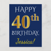 Blauw, Faux Gold 40th Birthday + Aangepaste naam Briefkaart (Voorkant)