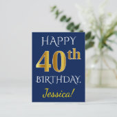 Blauw, Faux Gold 40th Birthday + Aangepaste naam Briefkaart (Staand voorkant)