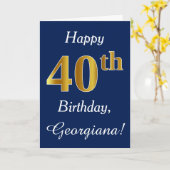 Blauw, Faux Gold 40th Birthday + Aangepaste naam Kaart (Gele Bloem)