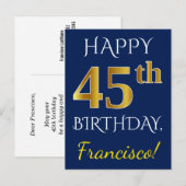 Blauw, Faux Gold 45th Birthday + Eigen naam Briefkaart (Voorkant / Achterkant)