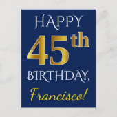 Blauw, Faux Gold 45th Birthday + Eigen naam Briefkaart (Voorkant)