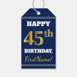 Blauw, Faux Gold 45th Birthday + Eigen naam Cadeaulabel