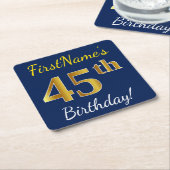 Blauw, Faux Gold 45th Birthday + Eigen naam Kartonnen Onderzetters (Schuin)