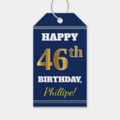 Blauw, Faux Gold 46th Birthday + Eigen naam Cadeaulabel (Voorkant)